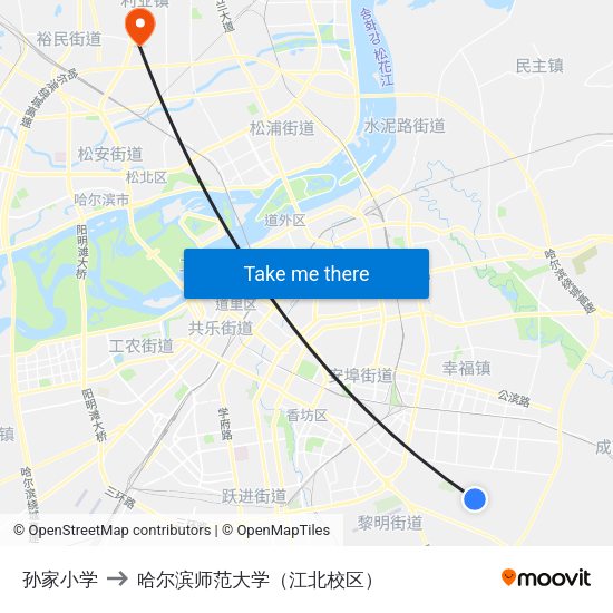 孙家小学 to 哈尔滨师范大学（江北校区） map