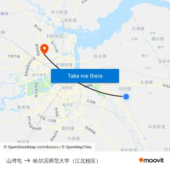 山湾屯 to 哈尔滨师范大学（江北校区） map