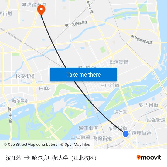 滨江站 to 哈尔滨师范大学（江北校区） map