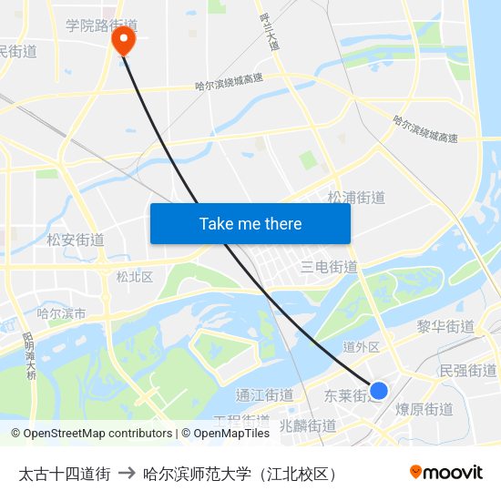 太古十四道街 to 哈尔滨师范大学（江北校区） map