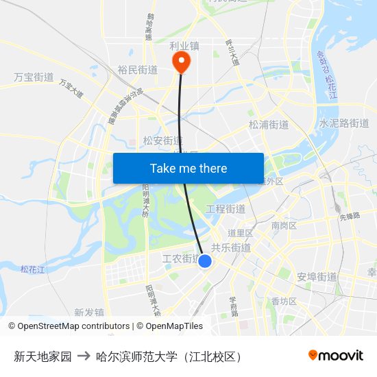 新天地家园 to 哈尔滨师范大学（江北校区） map