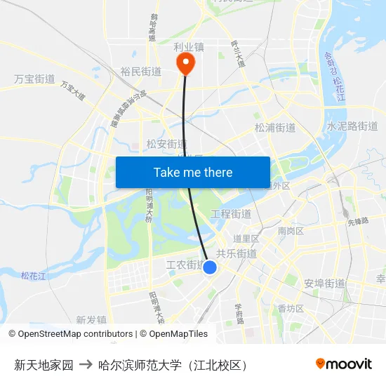 新天地家园 to 哈尔滨师范大学（江北校区） map