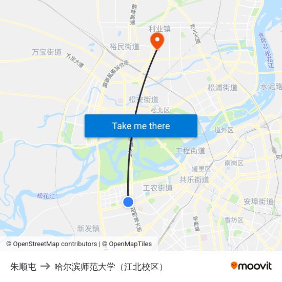 朱顺屯 to 哈尔滨师范大学（江北校区） map
