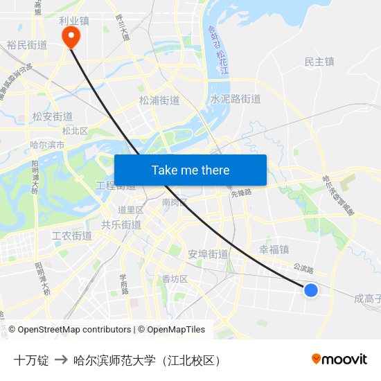 十万锭 to 哈尔滨师范大学（江北校区） map