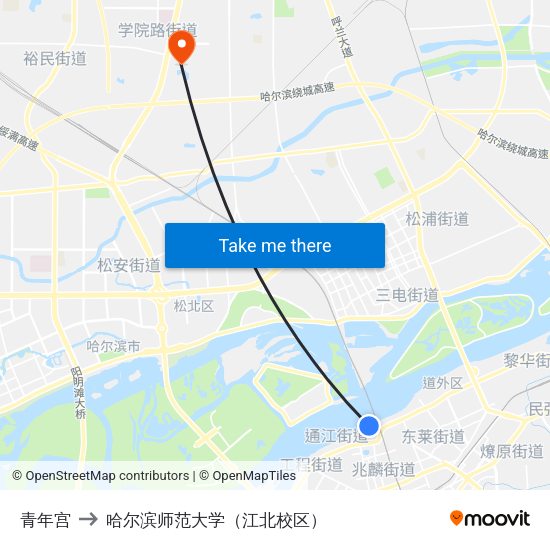 青年宫 to 哈尔滨师范大学（江北校区） map