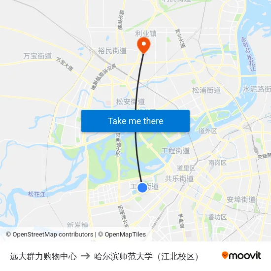 远大群力购物中心 to 哈尔滨师范大学（江北校区） map