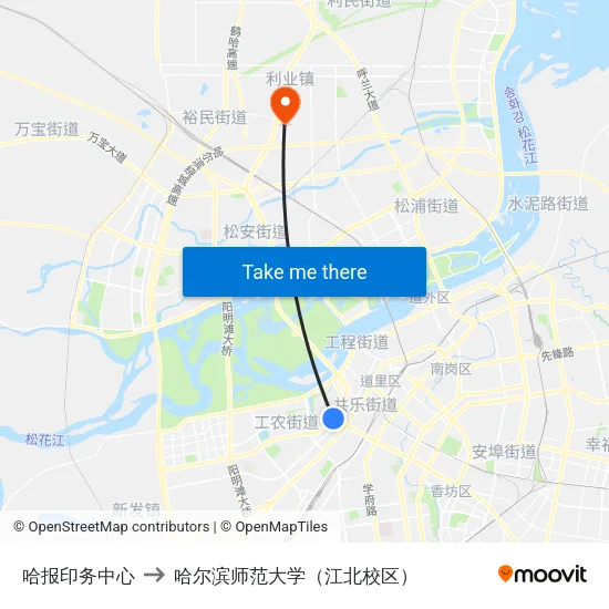 哈报印务中心 to 哈尔滨师范大学（江北校区） map