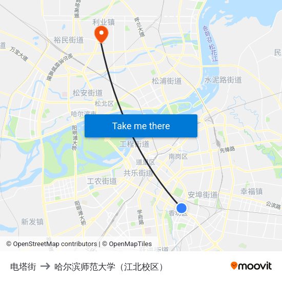 电塔街 to 哈尔滨师范大学（江北校区） map