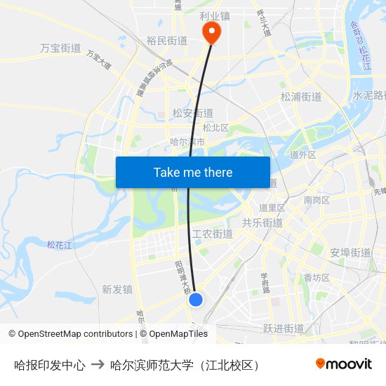 哈报印发中心 to 哈尔滨师范大学（江北校区） map