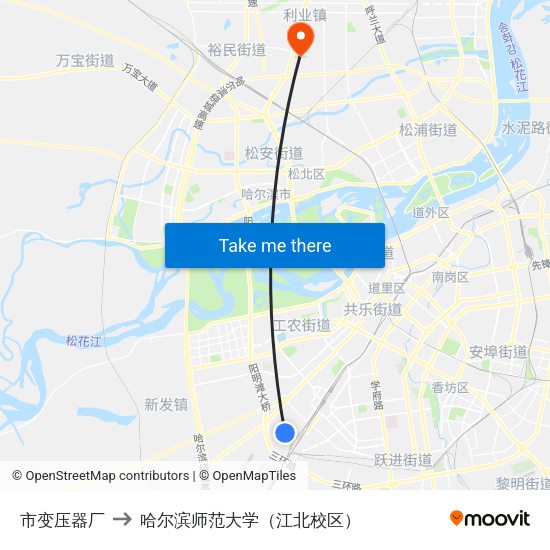 市变压器厂 to 哈尔滨师范大学（江北校区） map