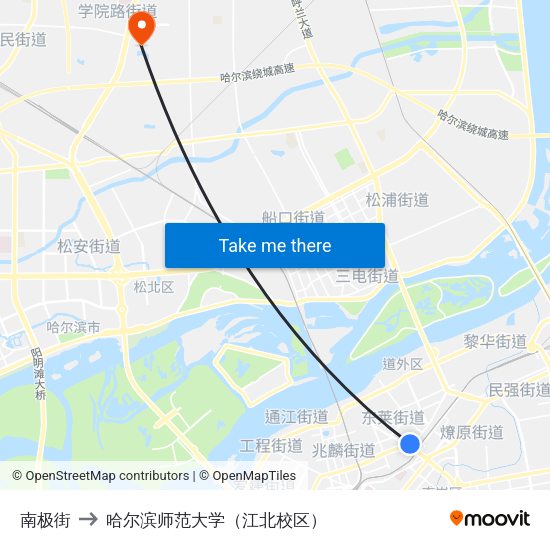南极街 to 哈尔滨师范大学（江北校区） map