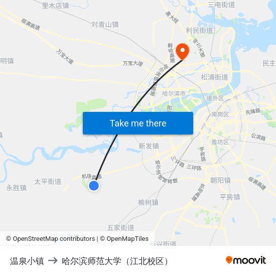 温泉小镇 to 哈尔滨师范大学（江北校区） map