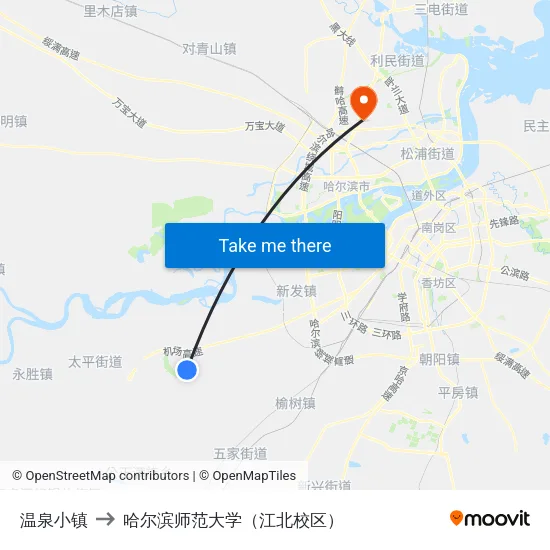 温泉小镇 to 哈尔滨师范大学（江北校区） map