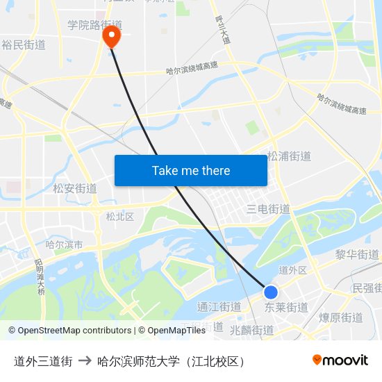 道外三道街 to 哈尔滨师范大学（江北校区） map