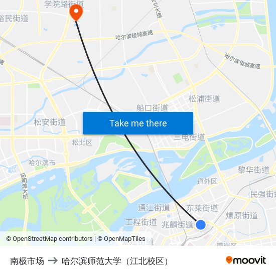 南极市场 to 哈尔滨师范大学（江北校区） map