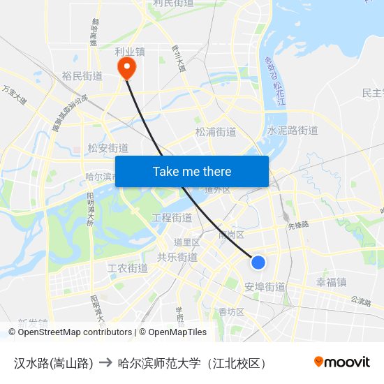 汉水路(嵩山路) to 哈尔滨师范大学（江北校区） map