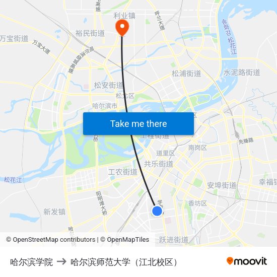 哈尔滨学院 to 哈尔滨师范大学（江北校区） map