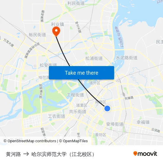 黄河路 to 哈尔滨师范大学（江北校区） map