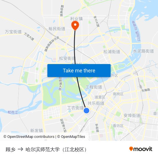 顾乡 to 哈尔滨师范大学（江北校区） map