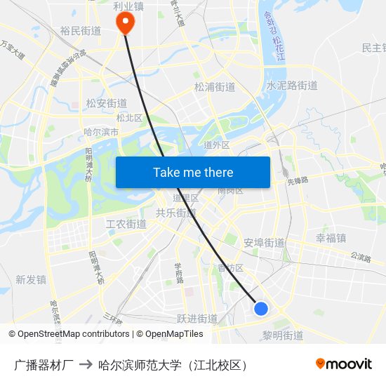 广播器材厂 to 哈尔滨师范大学（江北校区） map