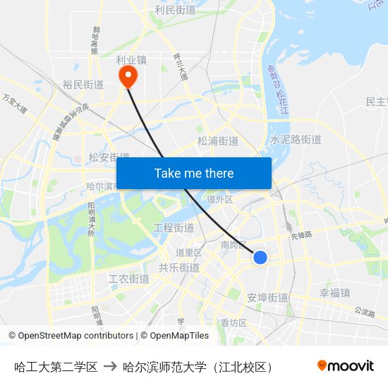 哈工大第二学区 to 哈尔滨师范大学（江北校区） map