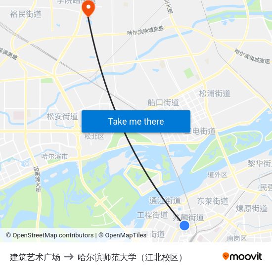 建筑艺术广场 to 哈尔滨师范大学（江北校区） map