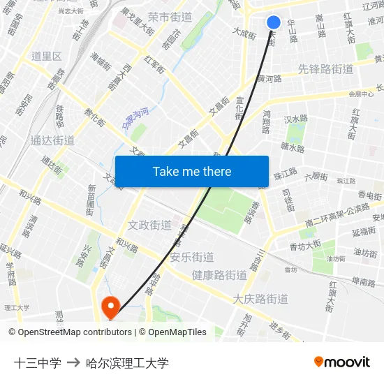 十三中学 to 哈尔滨理工大学 map