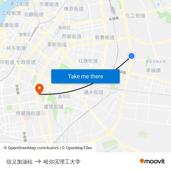 信义加油站 to 哈尔滨理工大学 map