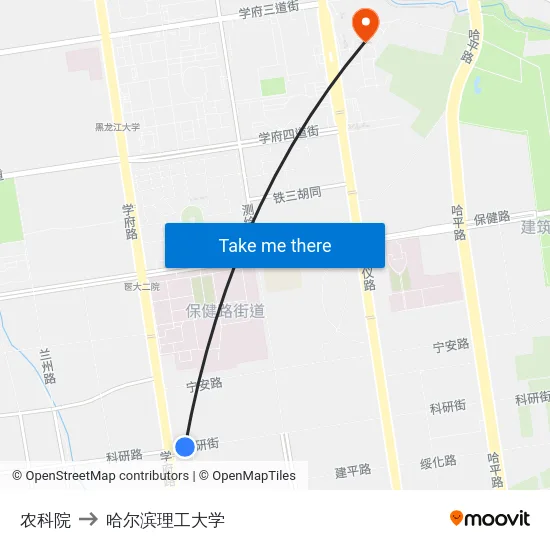 农科院 to 哈尔滨理工大学 map