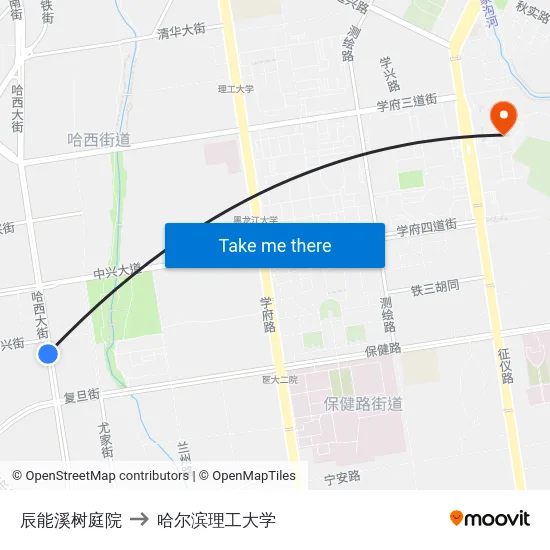 辰能溪树庭院 to 哈尔滨理工大学 map