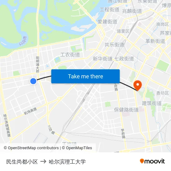 民生尚都小区 to 哈尔滨理工大学 map