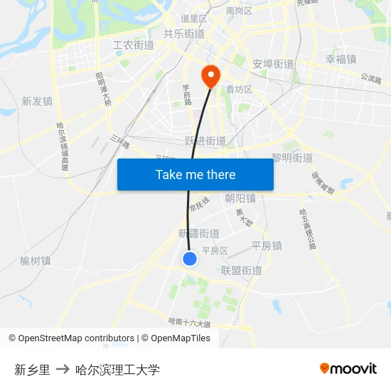 新乡里 to 哈尔滨理工大学 map