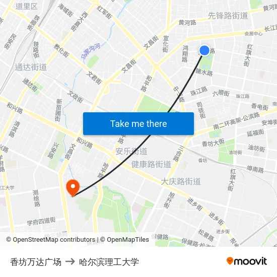 香坊万达广场 to 哈尔滨理工大学 map