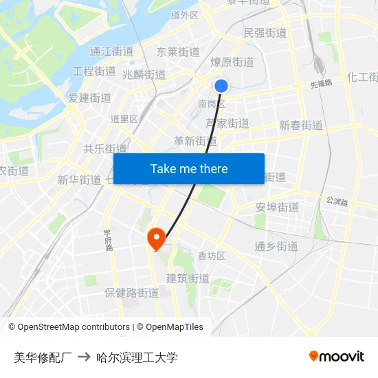 美华修配厂 to 哈尔滨理工大学 map
