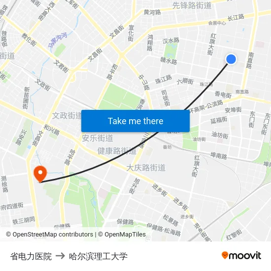 省电力医院 to 哈尔滨理工大学 map