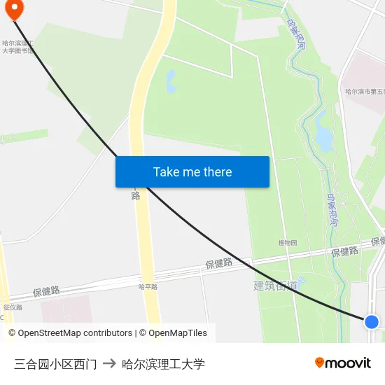 三合园小区西门 to 哈尔滨理工大学 map