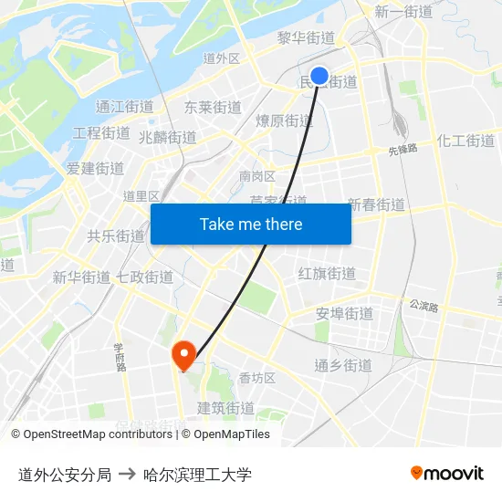 道外公安分局 to 哈尔滨理工大学 map