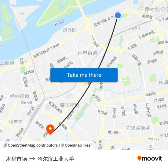 木材市场 to 哈尔滨工业大学 map