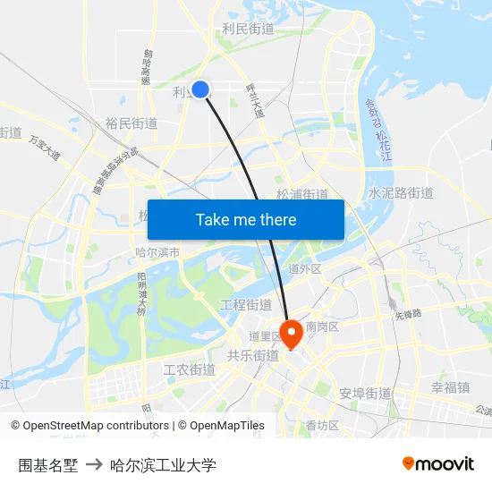 围基名墅 to 哈尔滨工业大学 map