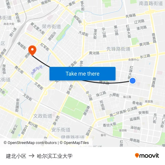 建北小区 to 哈尔滨工业大学 map