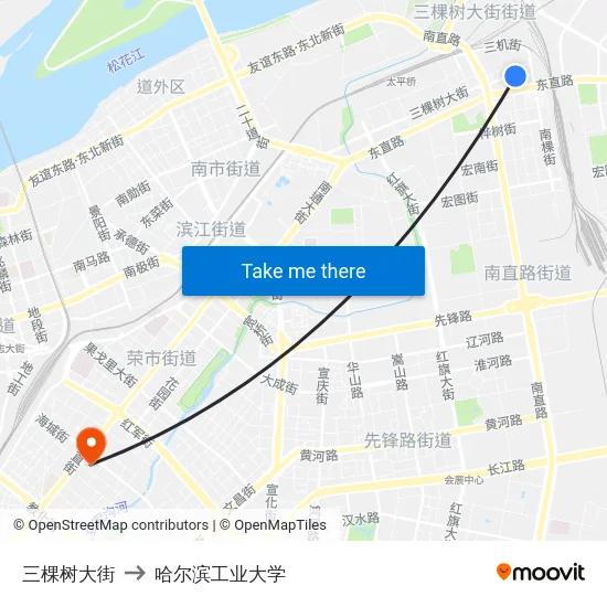 三棵树大街 to 哈尔滨工业大学 map