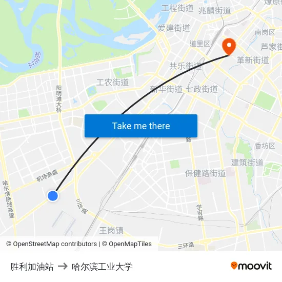 胜利加油站 to 哈尔滨工业大学 map