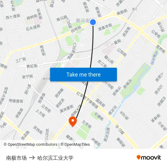 南极市场 to 哈尔滨工业大学 map