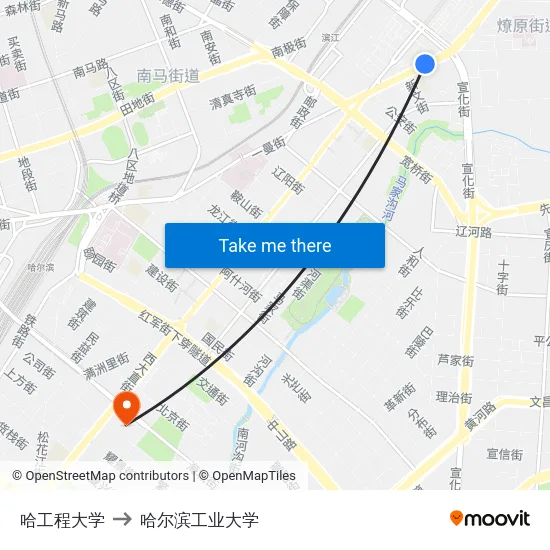 哈工程大学 to 哈尔滨工业大学 map