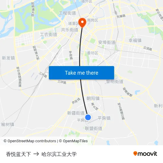 香悦蓝天下 to 哈尔滨工业大学 map