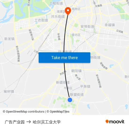 广告产业园 to 哈尔滨工业大学 map