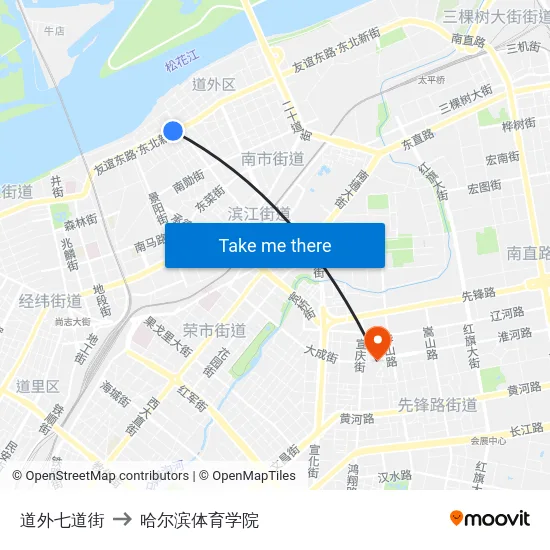 道外七道街 to 哈尔滨体育学院 map
