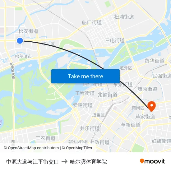 中源大道与江平街交口 to 哈尔滨体育学院 map