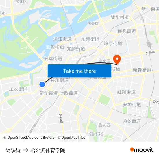 钢铁街 to 哈尔滨体育学院 map