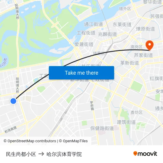 民生尚都小区 to 哈尔滨体育学院 map